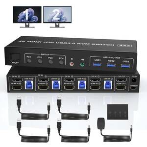 4PC USB 3.0 Displayport + HDMI デュアル モニター KVMスイッチ ディスプレイ切替器 Displayport HDMIモニター4PC 