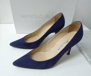 ◆MANOLO BLAHNIK マノロブラニク 美品 スウェード ヒール パンプス ネイビー サイズ35.5　定価92000＋税