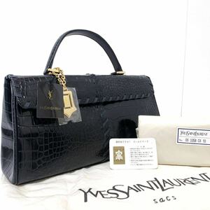 1円●タグ付き 未使用級●YVES SAINT LAURENT イブ サンローラン パリ ハンドバッグ クロコダイル 型押し ブラック 黒 ゴールド金具 レザー