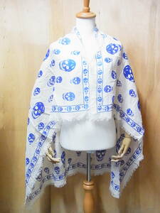  красивый ALEXANDER MAQUEEN Alexander McQueen большой размер linen/ шелк шарф Skull рисунок белый x синий мелкие вещи 