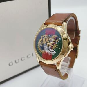 稼働品 GUCCI グッチ 腕時計 タイガー シェリー クォーツ YA126497 G-TIMELESS サファイアガラス Gタイムレス メンズ レディース ゴールド