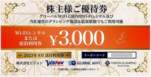 「ビジョン 株主優待」 / Wi-Fiレンタルまたは宿泊利用券【1枚（3000円分）】 / 番号通知のみ / 有効期限2024年8月31日