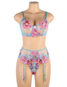 81085 XL size bra shorts garter belt set embroidery floral print 