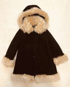 Begum 子供服 コート オーバー　アウター　ジャケット　フェイクファー 黒×ベージュ　サイズ110 フード付き　取り外し可能　女児　女の子