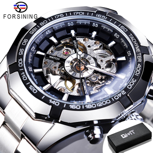 メンズ 腕時計 スケルトン 機械式 自動巻き FORSINING GMT101 カジュアル ウォッチ ステンレススチール シルバー × ブラック 