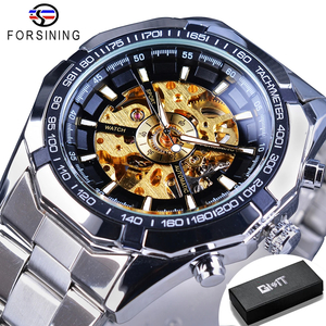 メンズ 腕時計 スケルトン 機械式 自動巻き FORSINING GMT101 カジュアル ウォッチ ステンレススチール シルバー × ゴールド
