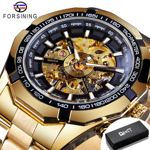 メンズ 腕時計 スケルトン 機械式 自動巻き FORSINING GMT101 カジュアル ウォッチ ステンレススチール ゴールド × ブラック