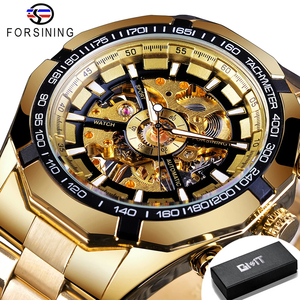 メンズ 腕時計 スケルトン 機械式 自動巻き FORSINING GMT101 カジュアル ウォッチ ステンレススチール ゴールドB