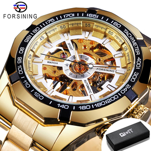 メンズ 腕時計 スケルトン 機械式 自動巻き FORSINING GMT101 カジュアル ウォッチ ステンレススチール ゴールドW