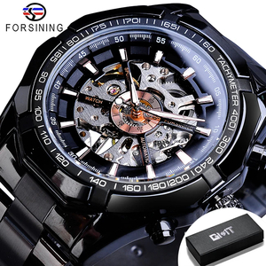 メンズ 腕時計 スケルトン 機械式 自動巻き FORSINING GMT101 カジュアル ウォッチ ステンレススチール ブラック