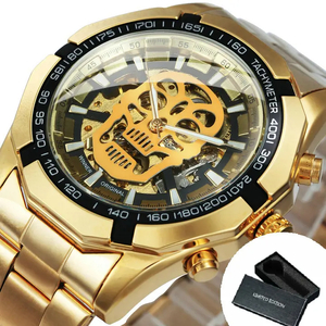 メンズ 腕時計 スカル スケルトン 機械式 自動巻き ガイコツ デザイン 時計 髑髏 ウォッチ ステンレススチール ゴールド B ゴールド