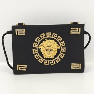 ●ヴェルサーチ VERSACE キャンバス ショルダーバッグ ブラック ゴールド メッキ ラインストーン [Jコレ] 528M