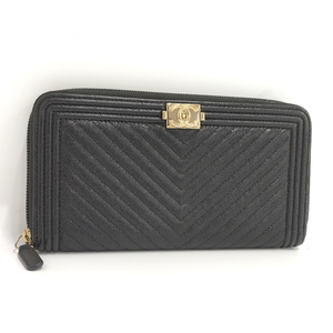 【中古】CHANEL ボーイシャネル シェヴロン Vステッチ ラウンドファスナー 長財布 レザー ブラック A80487