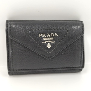 【中古】PRADA 三つ折り財布 コンパクト ウォレット サフィアーノ レザー ブラック ネロ 1MH021