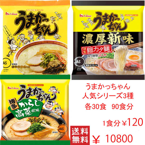 激安 3箱買い 1食¥120 大人気シリーズ うまかっちゃん 3種セット 各30食分 90食分 全国送料無料 九州博多 おすすめ ラーメン
