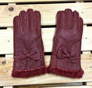  new goods unused * mouton gloves lady's leather glove original leather warm! wine red 