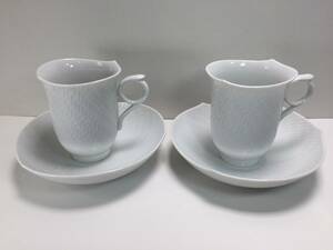 【飛脚便60】極美品 Meissen マイセン 波の戯れ ペアコーヒーカップ＆ソーサ― 2点セット ホワイト 陶器 [g1112]