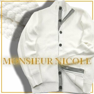 新品 MONSIEUR NICOLE 【ジャカード編み】 強ストレッチ ジップ ニット アウター 46 M 定価1万7600円 ホワイト ★351976 ムッシュニコル