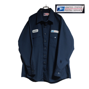 USA製 UNIFORM 長袖ワークシャツ size18 オーバーサイズ ネイビー ゆうパケットポスト可 胸 ワッペン ロゴ POSTAL 古着 洗濯 プレス済 973