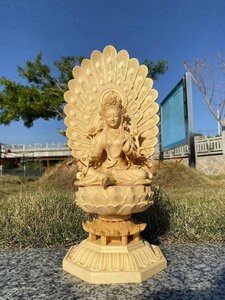 [エスペランザストア]仏像 仏堂 檜の 精彫緑度母置物実木彫刻インテリア工芸 高さ約31ｃｍ