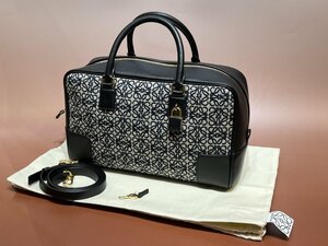 新品同様 LOEWE アマソナ28 2Wayハンドバッグ ダークネイビー ショルダーバッグ 斜め掛けOK ジャガード×レザー レディース 質セブン