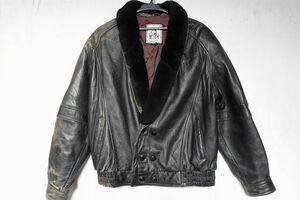 H.B.LEATHER/レザーブルゾン/ショート丈コート/アウター/ショールカラー/襟ボア/ダブルボタン/羊皮/黒/ブラック/Lサイズ(11/30R5)