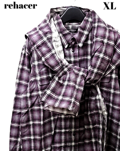 XL【rehacer CHECK SHIRT Purple レアセル 長袖 チェックシャツ フード付き 取り外し可能 パーカー パープル Men's メンズ 長袖シャツ】