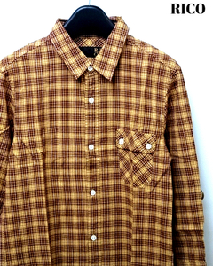 S【RICO CHECK SHIRT 06-9H-2009 BEIGE リコ チェック柄 7分袖 袖ロールアップデザイン 2WAY シャツ 麻混 ベージュ系】