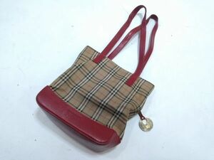 ◇BURBERRY バーバリー チェック ノバトートバッグ キャンバス/レザー レディース ベージュ/レッド 1127B6F @60 ◇