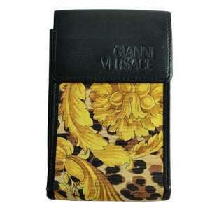 美品 GIANNI VERSACE ジャンニヴェルサーチ レザー レオパード×フラワー柄 シガレットケース タバコケース ゴールド×ブラック J1003