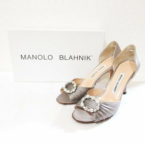 美品 MANOLO BLAHNIK マノロブラニク サテン ビジュー フェイクパール オープントゥ パンプス サイズ36 1/2 約23.5cm グレー