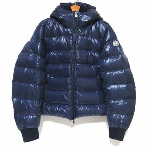 美品 MONCLER モンクレール AUBERT オーベル ミニワッペン ジップアップ ナイロン フーデッドダウンジャケット 2サイズ ネイビーブルー