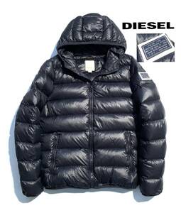 最高級【定価5万】DIESEL ディーゼル フード ダウンジャケット L ロゴワッペン メンズ【軽量 保温性抜群】美シルエット パーカー ジップ