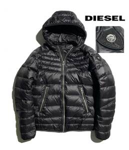 最高級【定価5万】DIESEL ディーゼル フード ダウンジャケット L ロゴワッペン メンズ【軽量 保温性抜群】美シルエット 黒 パーカー