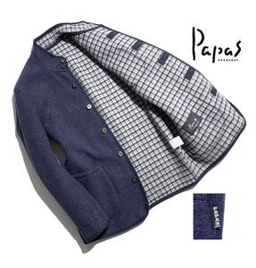 美品【定価7万超】Papas+ パパス プラス ダブルフェイス ジャケット M メンズ スタンドカラー コート ロゴ 裏チェック【着心地抜群】日本製