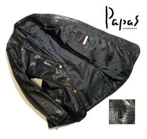 最高級【定価27万】Papas パパス レザー テーラードジャケット L (50) 牛革【Pロゴ刺繍】アンティーク加工ボタン メンズ 黒 日本製
