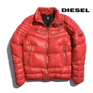 美品【定価5万】DIESEL ディーゼル ライダース ダウンジャケット L メンズ【軽量 保温性抜群】美シルエット 赤 ロゴワッペン 国内正規