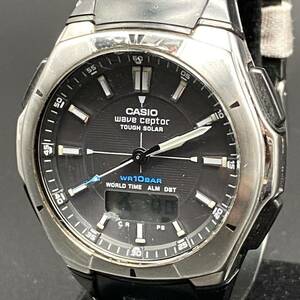 稼働品 CASIO カシオ 電波ソーラー WVA-620 アナデジ 100M グレー文字盤 ラバー/黒 メンズ腕時計