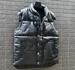 ◆モデル出品◆Lサイズ 本革パッチワーク×黒リッチ・レザーダウンベスト オールブラック L 秋冬春/お洒落 コーデ メンズ 街/キャンプ