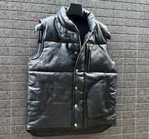 ◆モデル出品◆XXLサイズ 本革パッチワーク×黒リッチ・レザーダウンベスト オールブラック 3L 秋冬春/お洒落 コーデ メンズ 街/キャンプ_画像1