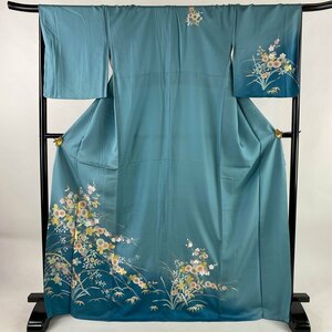 訪問着 身丈169.5cm 裄丈67.5cm L 袷 落款 草花 間垣 金彩 ぼかし 水色 正絹 秀品 【中古】