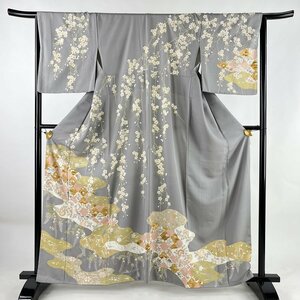 訪問着 身丈162cm 裄丈66cm M 袷 枝垂桜 草花 汕頭刺繍 金彩 灰色 正絹 名品 【中古】