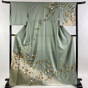 訪問着 身丈169.5cm 裄丈63.5cm S 袷 枝花 籠目 刺繍 金彩 薄緑 正絹 秀品 【中古】