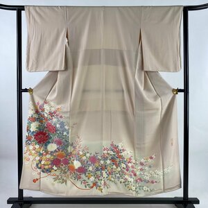 色留袖 身丈152cm 裄丈61.5cm S 袷 百貫達雄 落款 花籠 組紐 ベージュ 正絹 美品 秀品 一つ紋 【中古】