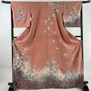 訪問着 身丈170cm 裄丈67cm M 袷 菊 枝梅 金銀彩 ぼかし サーモンピンク 正絹 美品 秀品 【中古】