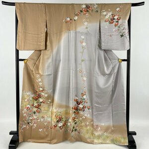 訪問着 秀品 菊 枝花 金彩 ぼかし 薄茶色 袷 身丈167cm 裄丈67cm M 正絹 【中古】