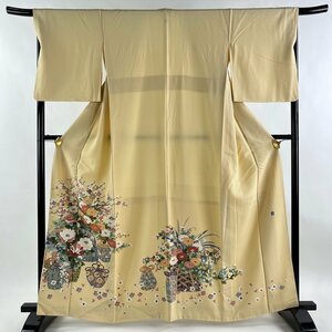 色留袖 身丈161cm 裄丈67.5cm L 袷 落款 花籠 棗 薄オレンジ 正絹 美品 秀品 一つ紋 【中古】