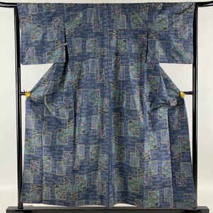 紬 美品 優品 色紙 草花 藍色 袷 身丈155cm 裄丈65.5cm M 正絹 【中古】