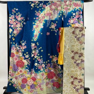 振袖 身丈166.5cm 裄丈66.5cm M 袷 袋帯フルセット 牡丹 桜 刺繍 金彩 青 正絹 美品 秀品 【中古】