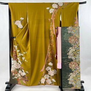 振袖 身丈161.5cm 裄丈67cm M 袷 袋帯フルセット 花車 桜 箔 金彩 からし色 正絹 秀品